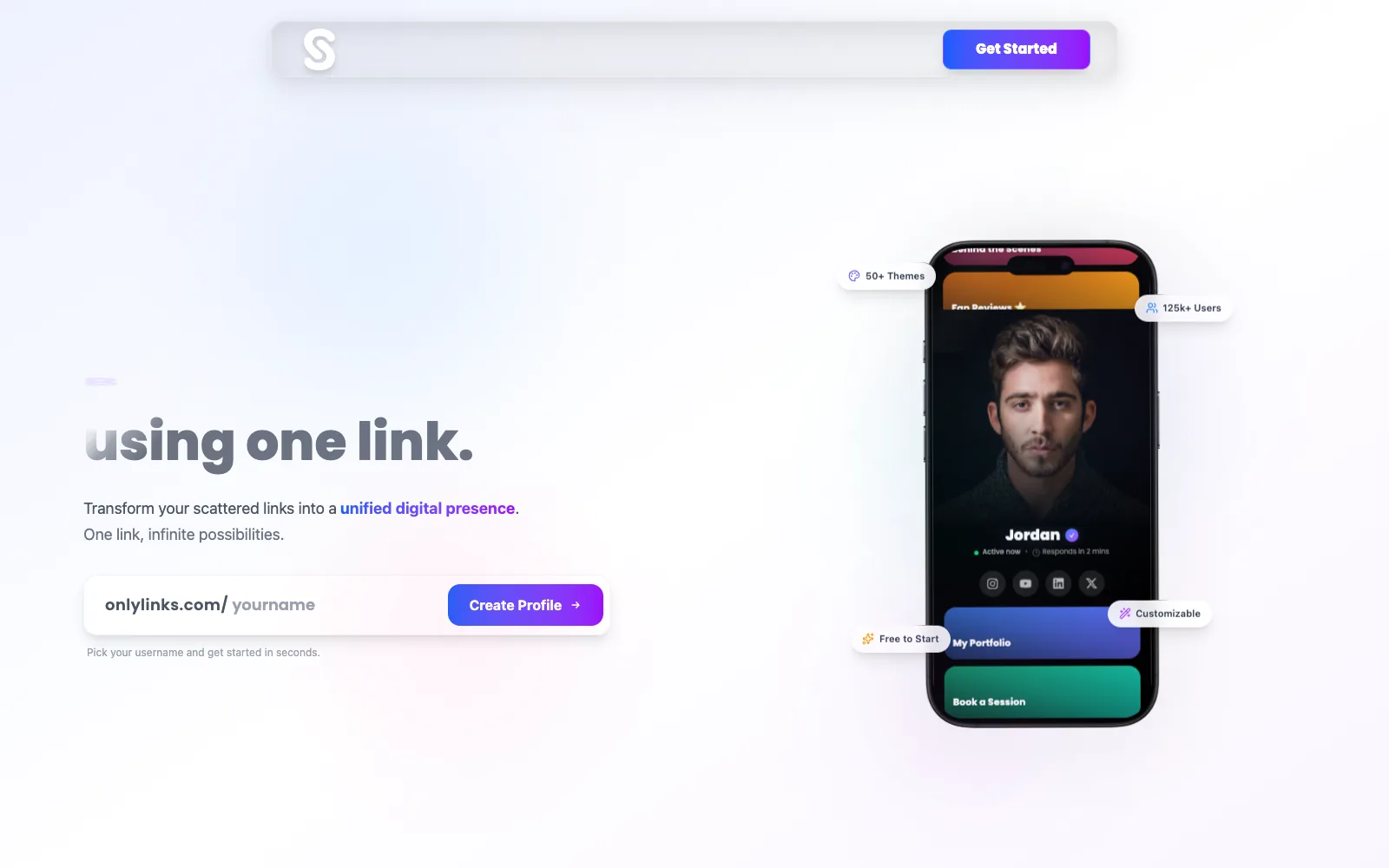 OnlyLinks home page with a phone showing a creator link profile